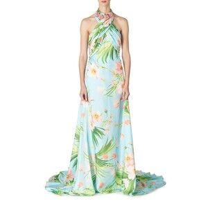 $3690 Carolina Herrera Womens Gathered Floral Silk Halter Gown Maxi Dress Size 8